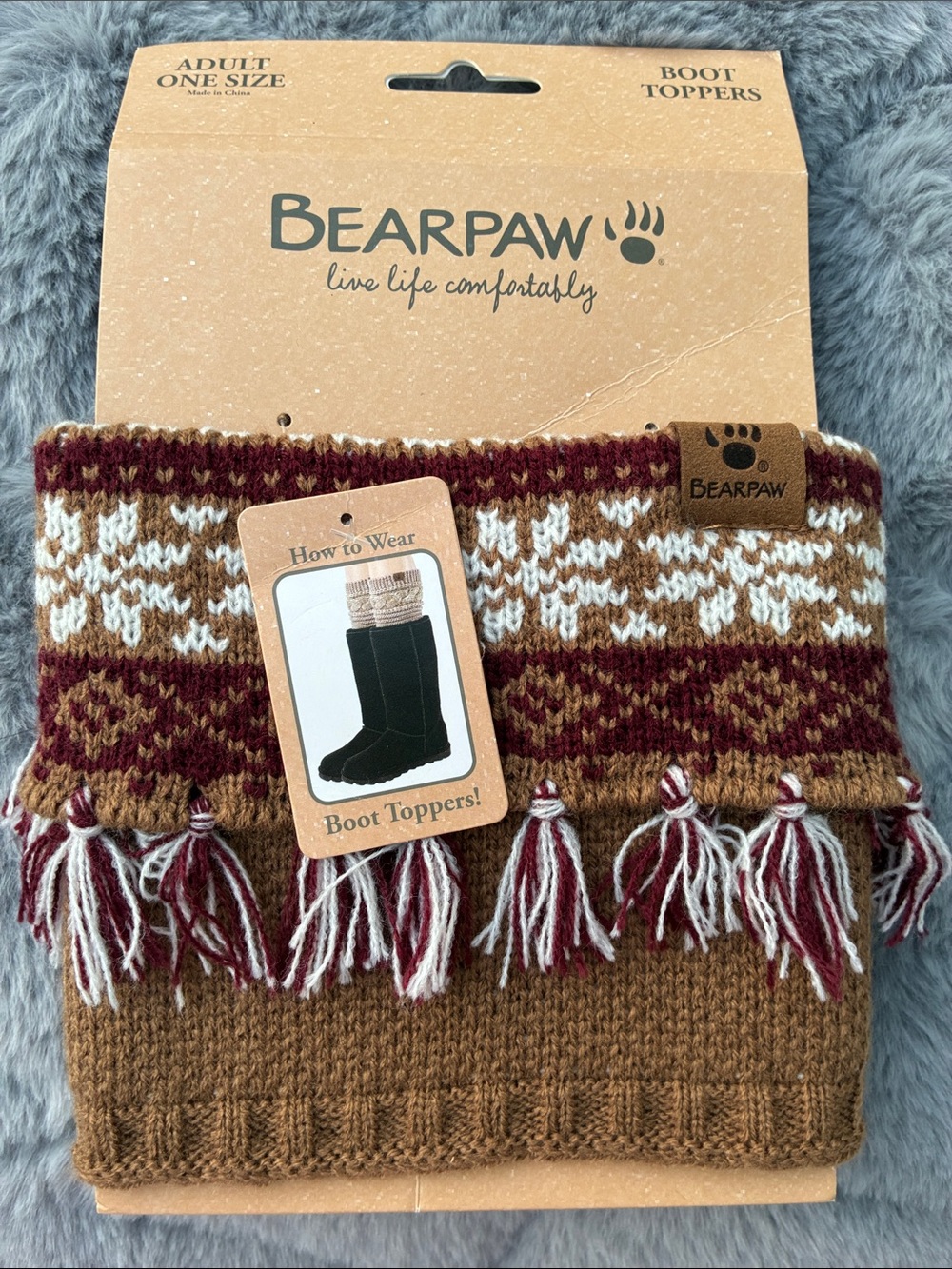 BearPaw Brown & Burgundy Knit Boot Toppers with Tassels